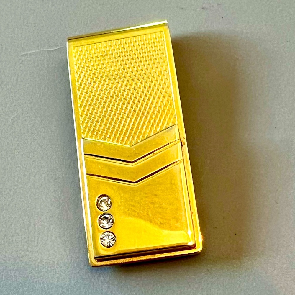 Money Clip Gold Tone Textured Three Rhinestones